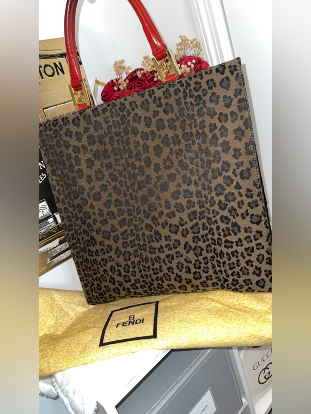 Fendi Leopard Print Tote Bag with Red Handles